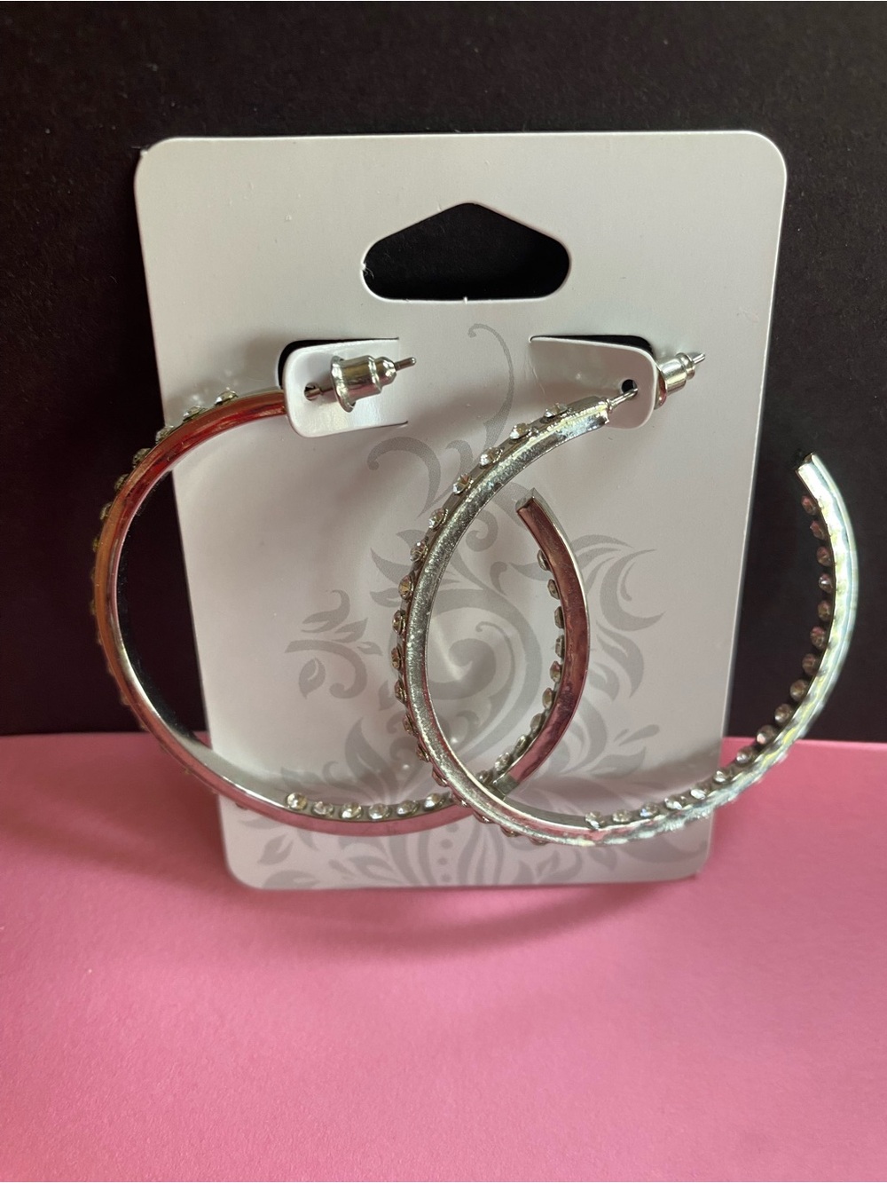 Silver Crystal-Trim 2 inch Hoop Earrings - Women Jewelry Post style